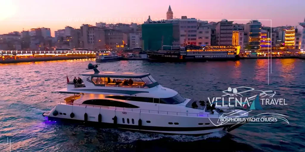 Bospphorus sunset cruise yacht, galata bridge and kabatas and galata tower view